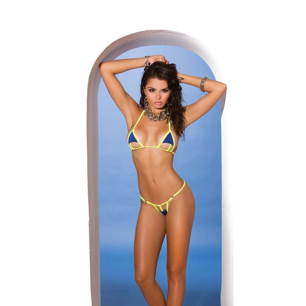 Elegant Moments Lycra bikini top and matching g-string with chartreuse trim.